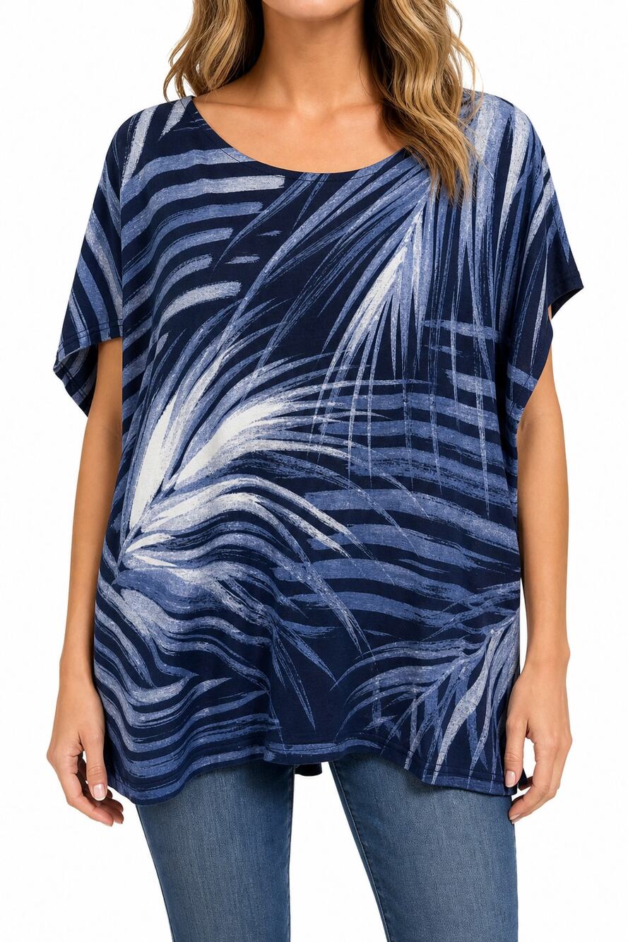 Lauren Jeans Co Ralph Lauren 1X Navy Abstract 100% Cotton Palm Leaves Tunic Top